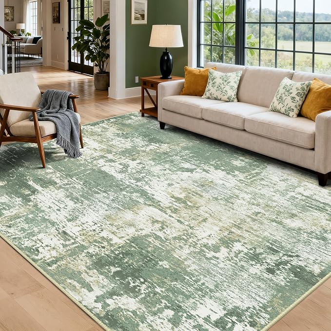 Washable Area Rugs 8'x10' Non-Slip Modern Abstract Soft for Living Room Entryway Bedroom Nursery, Print Pattern, Light Green/Yellow