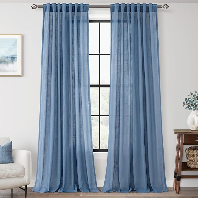 Denim Blue Curtains for Living Room Back Tab Modern Farmhouse Semi Sheer Blue Curtains 90 inches Long 2 Panels Set Muted Neutral Window Curtain for Dining Room Bedroom 52x90