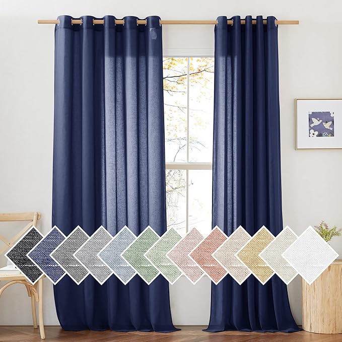 NICETOWN Linen Textured Sheer Curtains 96 inch Long for Living Room, Privacy Chic Sheer Curtains Window Treatment Translucent Drapes for Farmhouse/Cottage, W70 x L96, Dark Blue, 1 Pair