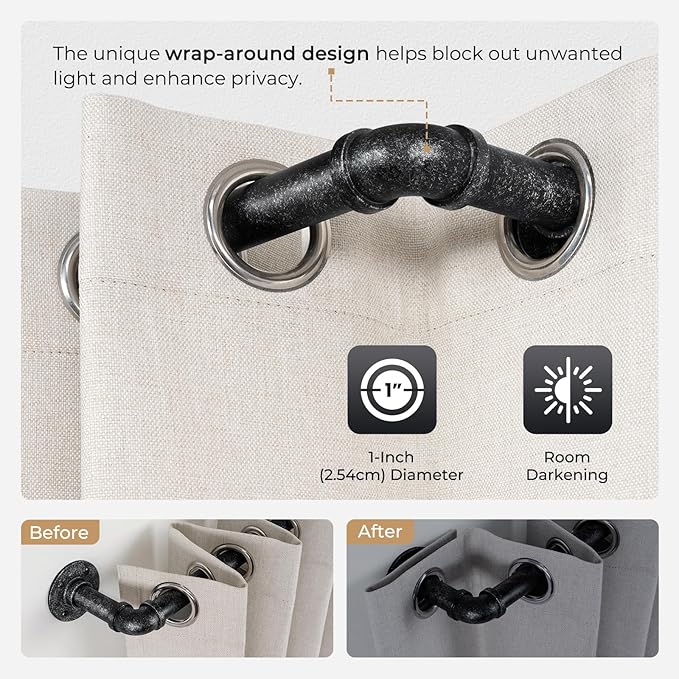 Zeerobee Curtain Rods for Windows 48 to 84, 1 Inch Industrial Wrap Around Vintage Black Curtain Rod, Indoor/Outdoor Room Divider Adjustable Drapery Pole, 48"-86"