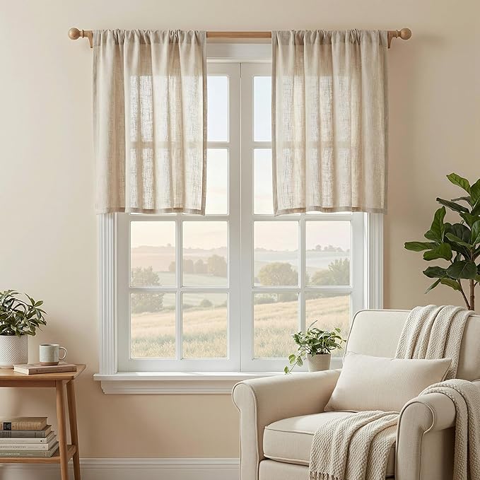 MYSKY HOME 30 Inch Length Oatmeal Tiers Curtains for Cafe, Semi Sheer Light Filtering Window Curtain Panels Rod Pocket Short Country Decor Drapes for Bathroom/Basement, Taupe, 2 Panels, 34 x 30 Inch