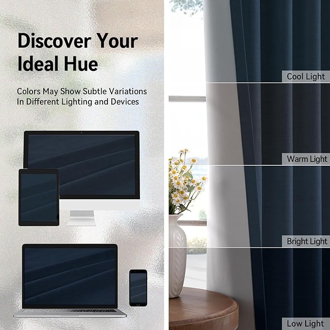 100% Blackout Shield Linen Blackout Curtains for Bedroom, Navy Blue Grommet Curtains for Living Room, Thermal Insulated Room Darkening Drapes for Nursery, Boho Home Decor, 50" W x 96" L, 2 Panels