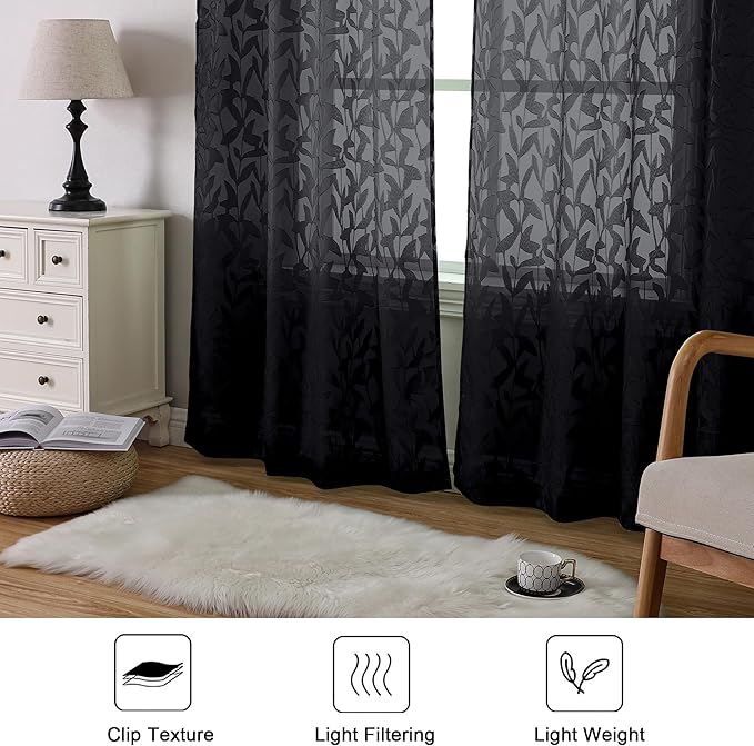 Lecloud Leia Black Sheer Curtains 90 Inches Long 2 Panels, Airy Leaf Textured Jacquard Drapes, Light Filtering & Privacy Dual Rod Pocket Window Curtains for Living Room Bedroom, 52" W x 90" L