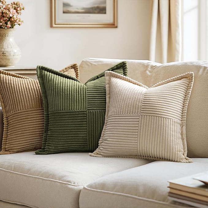 MIULEE Decorative Throw Pillow Covers for Couch Bed Livingroom 12x12 Inch Set of 2 Beige Boho Accent Throw Pllows Broadside Striped Patchwork Soft Corduroy Pillowcases