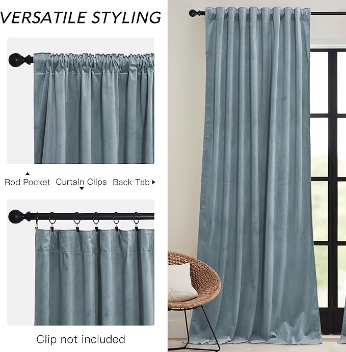 RYB HOME Stone Blue Velvet Curtains 84 inches- Blackout Curtains for Nursery Thermal Insulated Elegant Soft Luxury Window Decor for Seaside Room, Stone Blue, W52 x L84 inches, 2 Panels