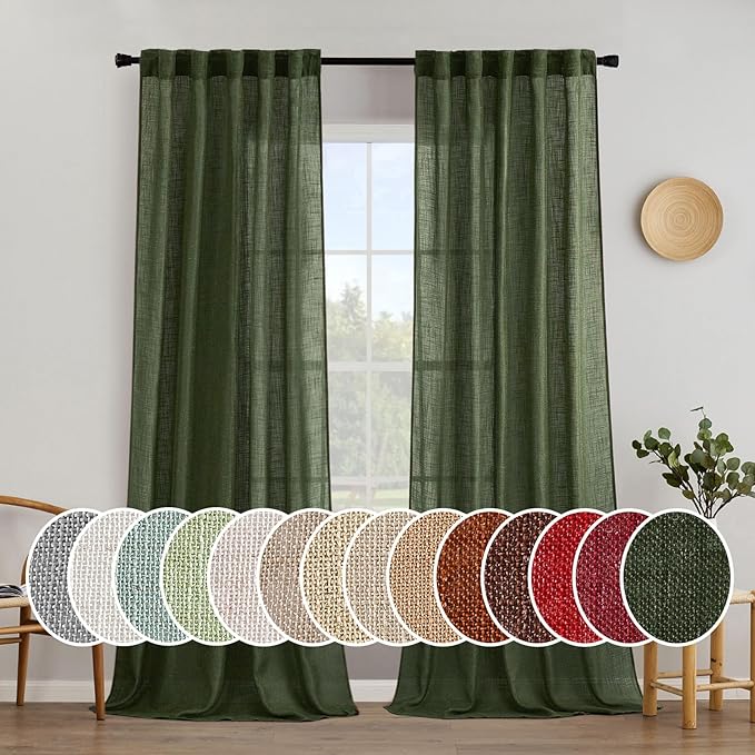 MIULEE Olive Green Linen Curtains 100 Inch Length 2 Panels for Bedroom Living Room, Soft Thick Linen Textured Window Drapes Semi Sheer Light Filtering Back Tab Rod Pocket Burlap Look Decor