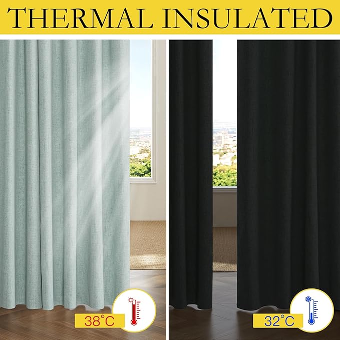 NICETOWN 100% Absolutely Blackout Linen Curtains with Thermal Insulated Liner, Seafoam Green, 62" Wide, 102" Length Energy Saving Curtains for Living Room 2 Panels Set, Vertical Blinds