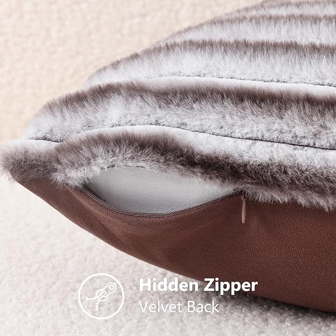 decorUhome Cozy Faux Fur Throw Pillow Covers 24x24 Set of 2 Decorative Soft Plush Striped Modern Farmhouse Boho Couch Euro Sham Pillow Cases with Velvet Back for Sofa Bed Living Room, Brown White