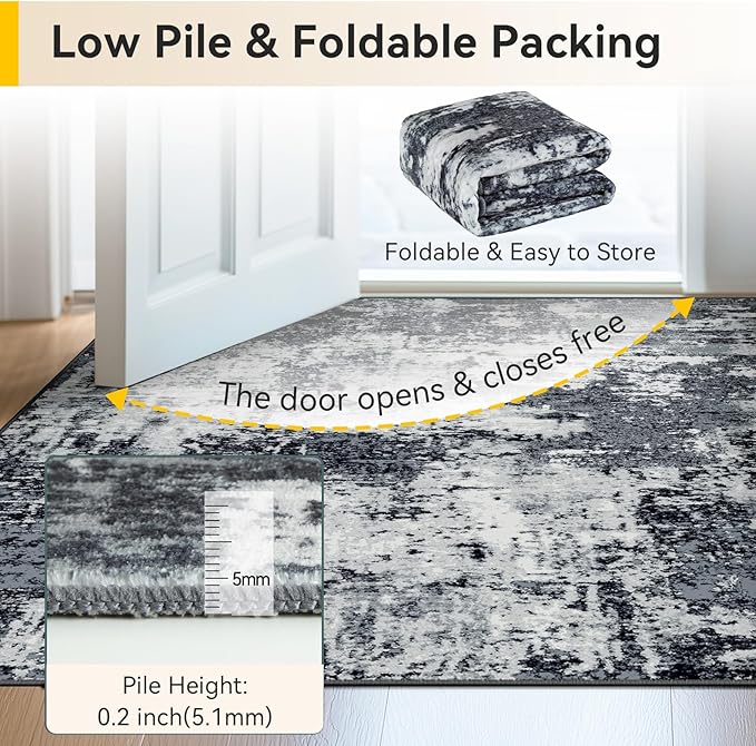 Washable Area Rugs 6'x9' Non-Slip Modern Abstract Soft for Living Room Entryway Bedroom Nursery, Print Pattern, Black Navy Blue Gray
