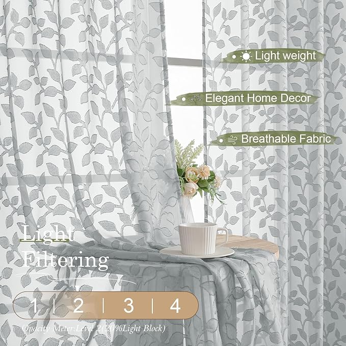 Chyhomenyc Light Grey Short Curtains 45 Inch Length 2 Panels, Light Filtering Leaf Textured Window Curtain Panels for Bedroom Living Room, Elegant Rod Pocket Farmhouse Curtains, 30" Wx45 L, 2 PCS