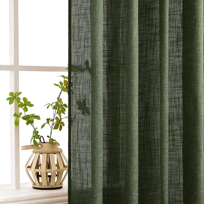 MIULEE Olive Green Linen Curtains 84 Inch Length 2 Panels for Bedroom Living Room, Soft Thick Linen Textured Natural Window Drapes Semi Sheer Light Filtering Back Tab Rod Pocket Burlap Look Decor