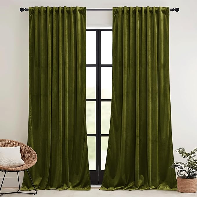 RYB HOME Moss Green Velvet Curtains 90 inches, Luxury and Soft Velvet Fabric, Spring Summer Decorative Curtains & Drapes for Patio Doory Room Window, W 52 x L 90 inches, 2 Panels Set