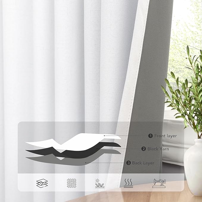 Short Small Window Room Darkening Curtains 58 Inches Long for Bedroom Basement Linen Cotton Textured Sunblock Heat Blocking Soundproof White Blackout Curtain Back Tab Pleated Drape 58 Length 2 Panels