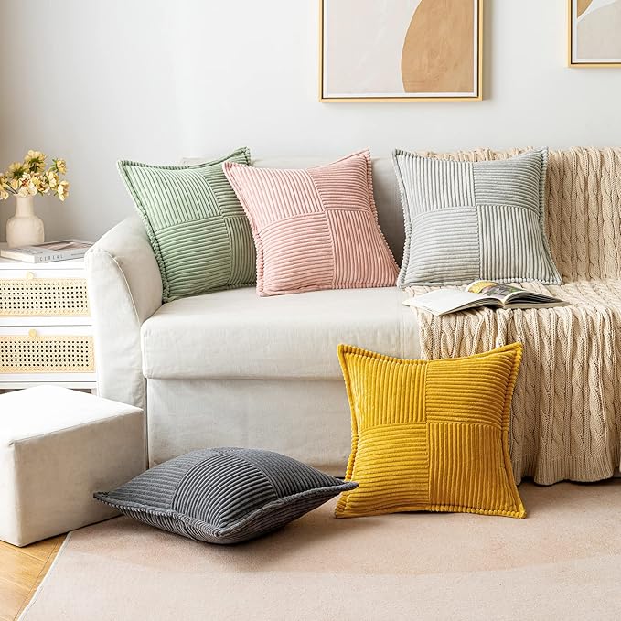 MIULEE Light Grey Corduroy Pillow Covers 16x16 Inch with Splicing Set of 2 Soft Boho Striped Pillow Covers Broadside Decorative Textured Pillowcases for Couch Cushion Bed Livingroom
