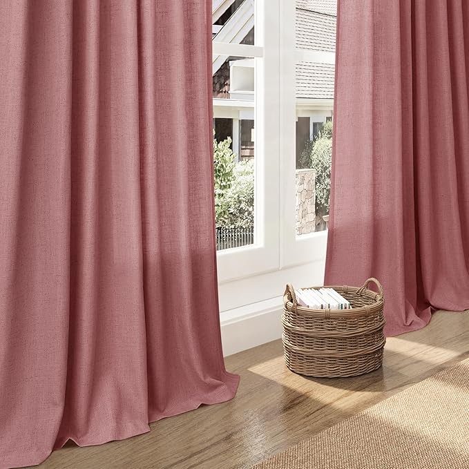 Canyon Rose Linen Curtains 84 Inch Length 2 Panels Set for Living Room Rod Pocket Back Tab Light Filtering Window Drapes for Bedroom Dining Room Protect Privacy Country Farmhouse Decor 52x84