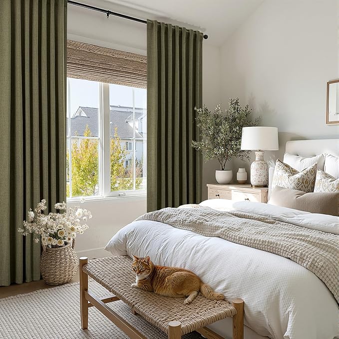 MIULEE 100% Blackout Linen Curtains for Bedroom, Light Olive Green Solid Luxury Decor Thermal Insulation Room Darkening Drapes for Living Room Nursery Back Tab Rod Pocket 42 x 72 Inches, 2 Panels