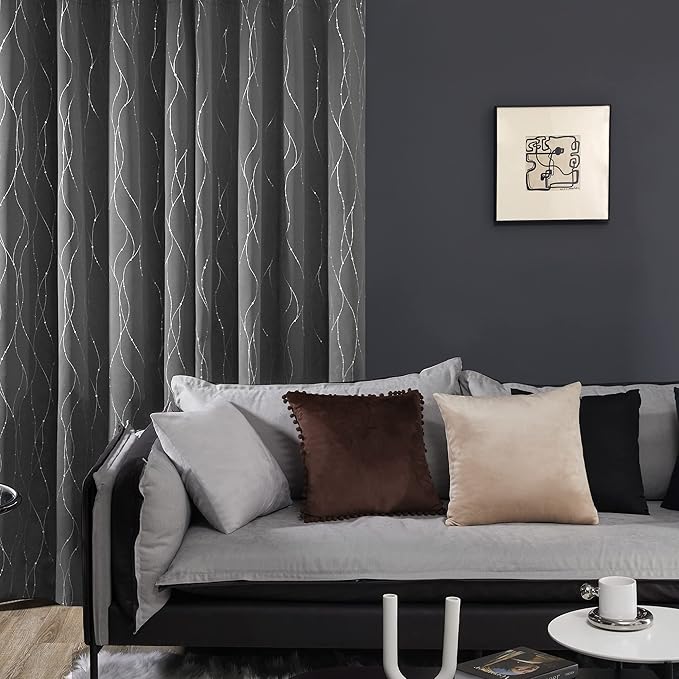Deconovo Blackout Curtains, Grey Curtain, Thermal Insulated Soundproof Curtain Drapes, Wave Dot Foil Print, 52 x 84 Inch, 2 Panels, Machine‑Washable Privacy Window Drape for Bedroom Living Room Office