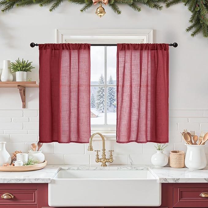 BGment Linen Curtains 36 Inch Length, Small Half Drapes with Rod Pocket for Cafe Kitchen Window Over Sink Lightweight, Burgundy, 2 Panels Set, Each 24 Inch Wide