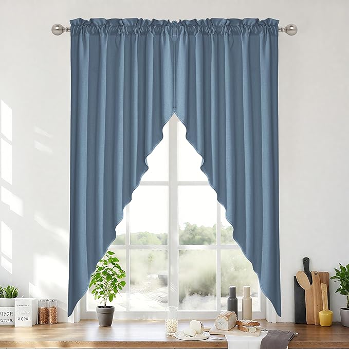 RYB HOME 2 Panels Sheer Valances Faux Linen Weave Textured Valance Curtains for Small Window Treatment Light Filtering Swag Curtain for Kitchen Living Room, Rod Pocket, Stone Blue, W 36 x L 63 inch