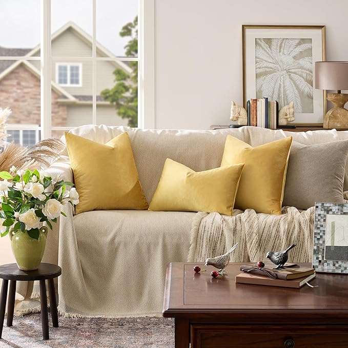 GIGIZAZA Yellow Velvet 20x12 Lumbar Decorative Throw Pillow Covers for Sofa Bed 2 Pack Soft Cushion Cover