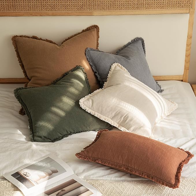 MIULEE Decorative Throw Pillow Covers Neutral Linen Fringe Throw Pillows Set of 2 Olive Green Boho Farmhouse Cushion Covers with Tassels for Couch Sofa Bed Living Room Spring Home Decor 18x18 Inch