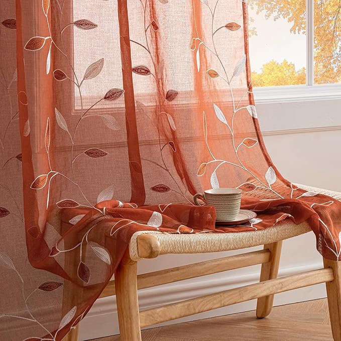 MIULEE Terracotta Sheer Curtains 2 Panels Embroidered Leaf Patterned burnt Orange Rod Pocket Floral Semi Faux Linen Short Fall Window Curtains Drapes Set for Kitchen Bathroom Cafe, 30x24 Inches Length