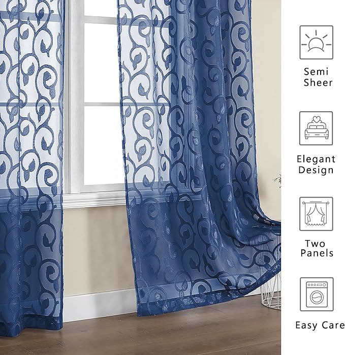 OWENIE Furman Blue Sheer Curtains 84 inches Long for Bedroom Living Room 2 Panels Set, Jacquard Clip Light Filtering Semi Sheer Curtain Rod Pocket Window Drapes, 2 Pcs Each 40 W 84 L