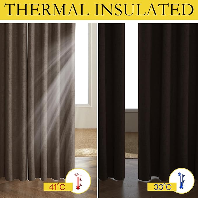 NICETOWN Coffee Vintage Linen 100% Blackout Curtains for Dining Room, Thermal Insulated Curtains 45" Long, Noise Reducing Window Treatment Drapes for Kitchen, 42" Wide Per Panel, Set of 2