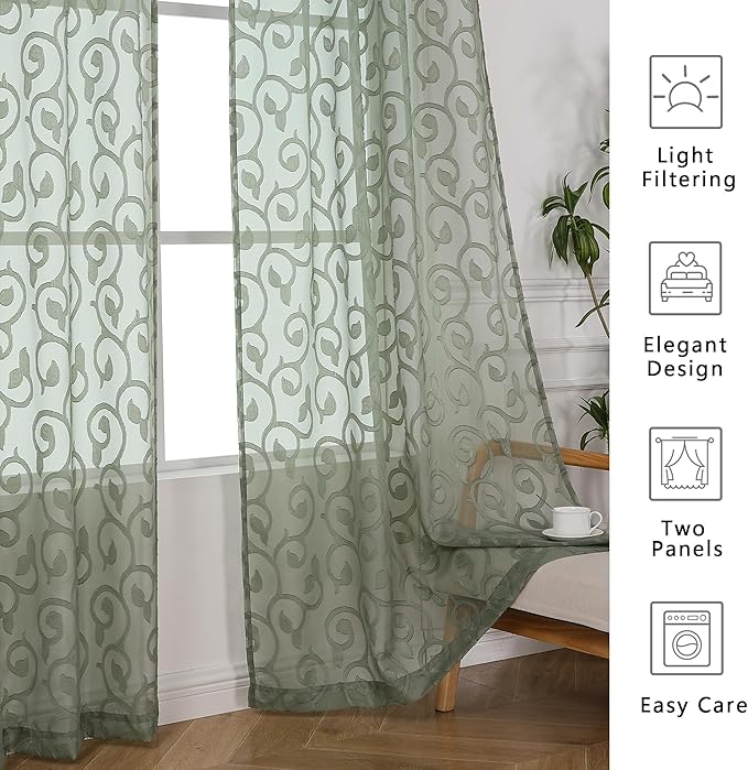 OWENIE Furman Sage Green Sheer Curtains 96 inches Extra Long for Bedroom Living Room 2 Panels Set, Light Filtering Soft Semi Sheer Jacquard Clip Farmhouse Curtains Rod Pocket Design, 40Wx96L inch