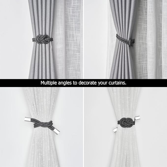 NICEEC 2 Pack Mini Magnetic Curtain Tiebacks Nordic Simple Style Drape Tie Backs Elegant Hand Weave Rope Knot Decorative Curtain Holdbacks for Home & Office Thin Window Drapery (Dark Grey)