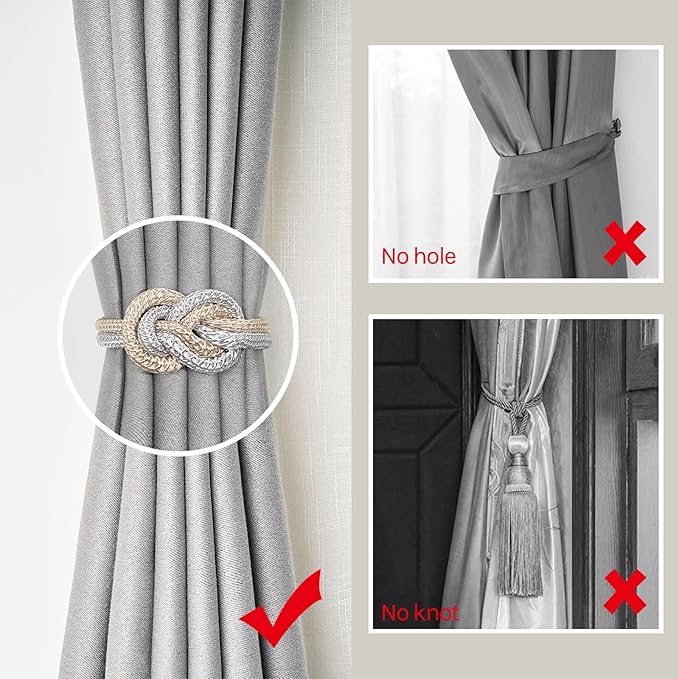 NICEEC 4 Pack Mini Magnetic Curtain Tiebacks Nordic Simple Style Drape Tie Backs Elegant Hand Weave Rope Knot Decorative Curtain Holdbacks for Home & Office Thin Window Drapery (Grey & Beige)