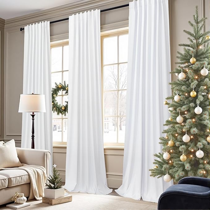 Short Small Window Room Darkening Curtains 58 Inches Long for Bedroom Basement Linen Cotton Textured Sunblock Heat Blocking Soundproof White Blackout Curtain Back Tab Pleated Drape 58 Length 2 Panels