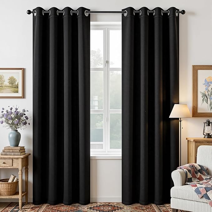 Joydeco Blackout Curtains 108 Inches Long 1 Panel, Thermal Insulated Long Curtains& Drapes 1 Piece, Room Darkening Grommet Drapes for Living Room Bedroom Window (W70 x L108 Inch, Black)