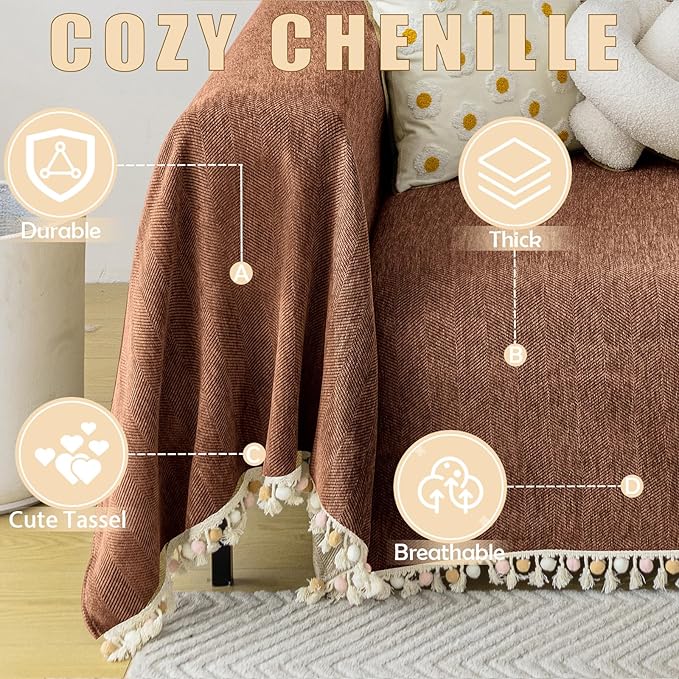 HANDONTIME Boho Style Sofa Cover with Tassels, Washable & Non-Slip Couch Cover for 3 Cushion Sofa, Herringbone Pattern Pet-Friendly Sofa Slipcover, Chocolate Color, 91"x134", Living Room Decor