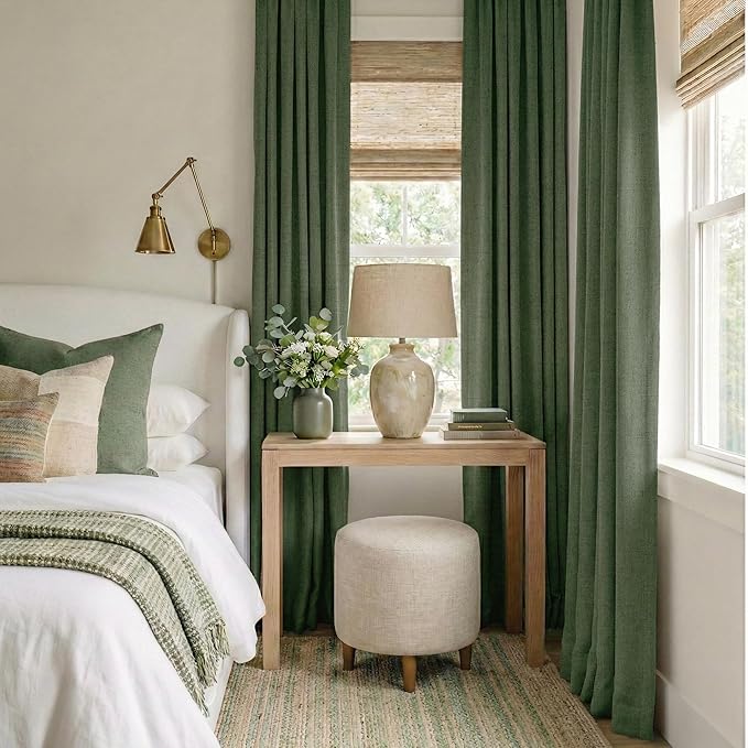 RYB HOME Olive Green 100% Blackout Linen Curtains 84 inches Long, Luxury Thermal Insulated Room Darkening Drapes for Living Room/Bedroom/Sliding Doors, Back Tab&Rod Pocket, W52xL84, 2 Panels