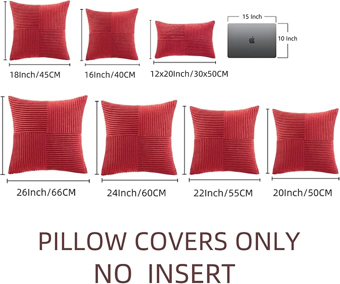 Fancy Homi 2 Packs Red Euro Decorative Throw Pillow Covers 26x26 Inch for Couch Bed Sofa, Holiday Christmas Home Decor Gift, Soft Corss Corduroy Patchwork Textured Square Cushion Case 66x66 cm