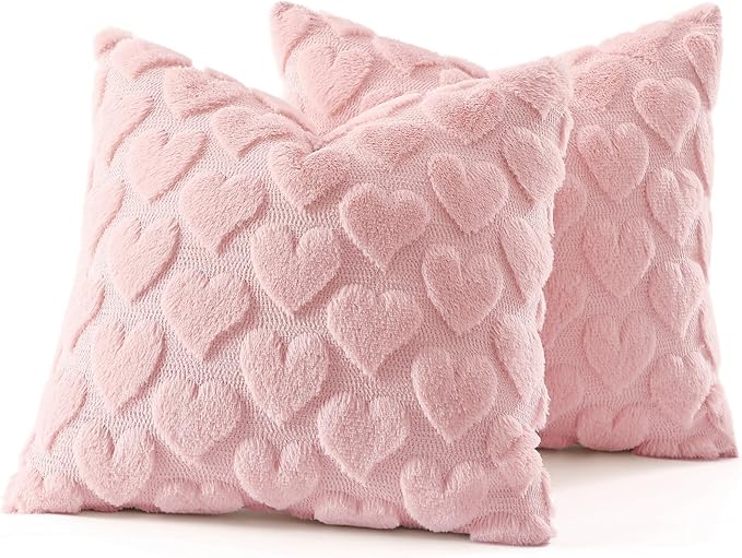 decorUhome Valentine’s Day Soft Plush Throw Pillow Covers 20x20 Inch Set of 2, Faux Fur Pink Heart Decoration Neutral Square Pillow Covers for Couch Sofa Bed Cozy Farmhouse Holiday Decor