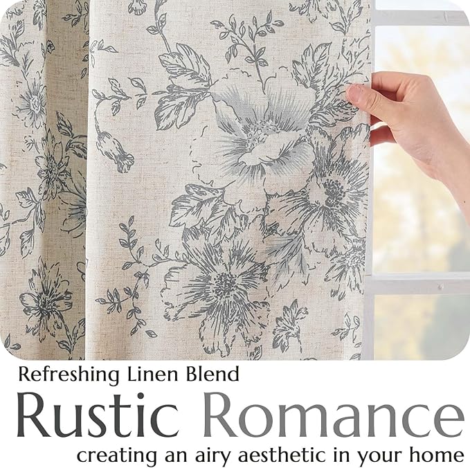 jinchan Blackout Floral Curtains for Living Room Bedroom Linen Blend Curtain Farmhouse Grey Printed with Lined Back Tab Rod Pocket Drapes Window Treatments 2 Panels 96 Inch Gray