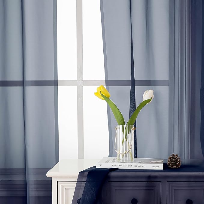 Lecloud Short Sheer Curtains 54 Inches Length 2 Panels, Light Filtering Voile Curtain Drapes for Half Window Kitchen Bedroom, Basic Rod Pocket Living Room Sheer Curtains, 40Wx54L Inches, Navy Blue