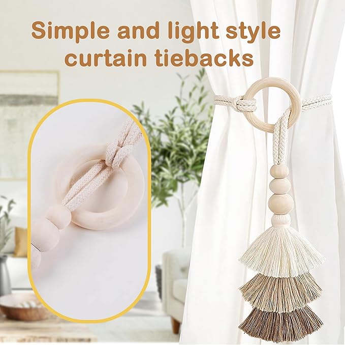 SRG Rope Curtain Tiebacks with Tassel Boho 2 PCS Handmade Wooden Ring Curtain Tie Backs Accessories Wall Decoration Drapery Curtain Holdbacks for Bedroom Window