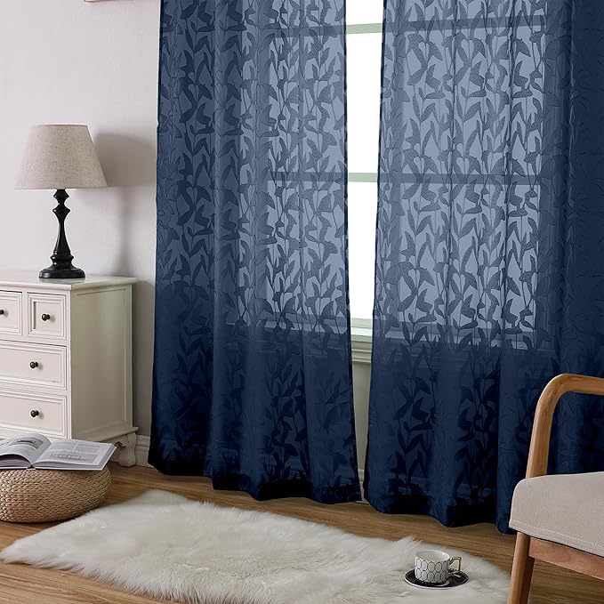 Lecloud Leia Living Room Navy Blue Sheer Curtains 63 Inch Length 2 Panels, Balance Light & Privacy Jacquard Textured Voile Curtain with Dual Rod Pockets, Leaf Farmhouse Bedroom Drapes, 38W x 63L