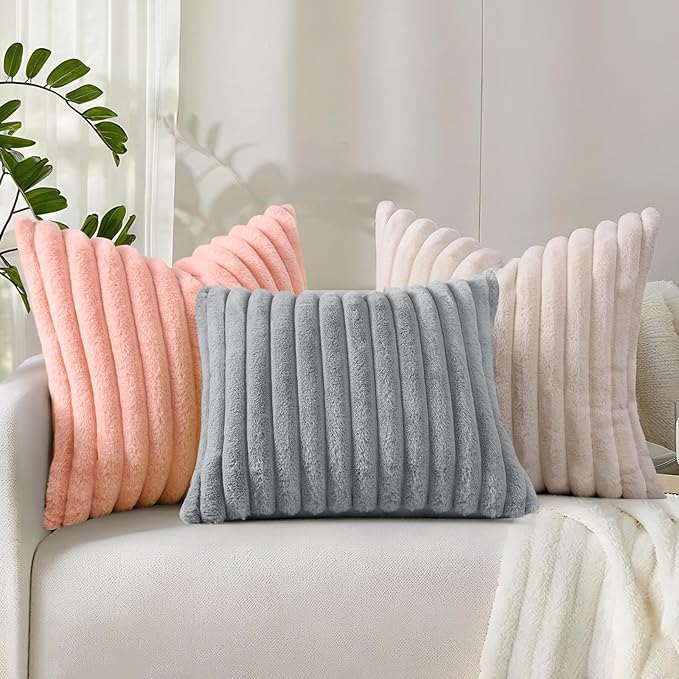 decorUhome Summer Cozy Faux Fur Throw Pillow Covers 20x20 Set of 2 Decorative Soft Plush Striped Modern Farmhouse Boho Couch Pillow Cases with Velvet Back for Sofa Bed Living Room, Beige