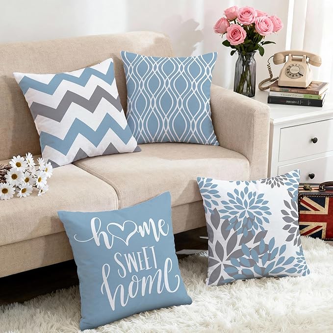 Hexagram Geometric Aqua Blue Pillow Covers 16x16 Set of 4, Decorative Outdoor Boho Modern Throw Pillow Covers, Home Sweet Home Farmhouse Cushion Case for Couch Sofa Bedroom Indoor Decor(No Insert)