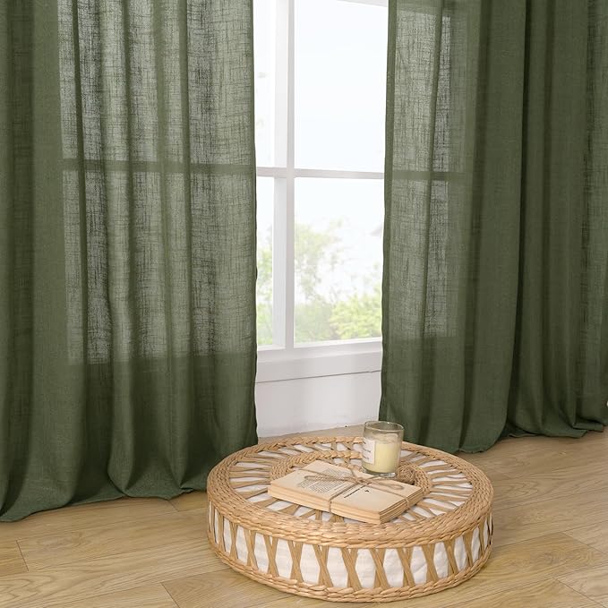 LAMIT Linen Sheer Curtains 80 inch for Living Room, Soft Thick Light Filtering Boho Window Textured Neutral Drapes with Bronze Grommet for Bedroom/Farmhouse, 2 Panels, 52 x 80 Inch, Olive Green