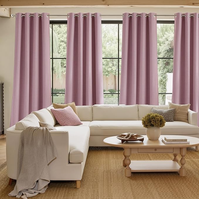 NICETOWN Pink Faux Linen Room Darkening Rod Pocket Curtains 63 inch Length, W42 x L63, Light Blocking Thermal Insulated Noise Reducing Drapes for Bedroom Living Room Farmhouse Decor, 2 Panels