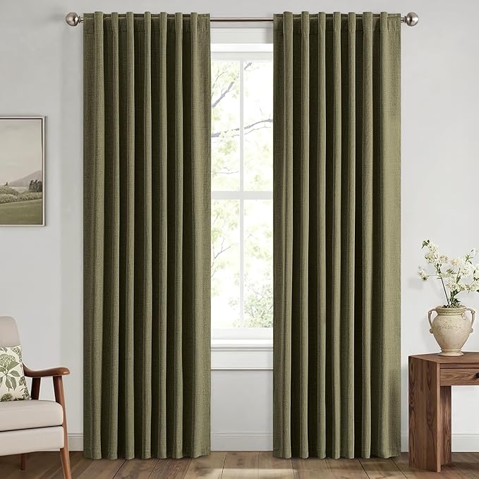 MIULEE 100% Blackout Linen Curtains for Bedroom, Light Olive Green Solid Luxury Decor Thermal Insulation Room Darkening Drapes for Living Room Nursery Back Tab Rod Pocket 42 x 72 Inches, 2 Panels