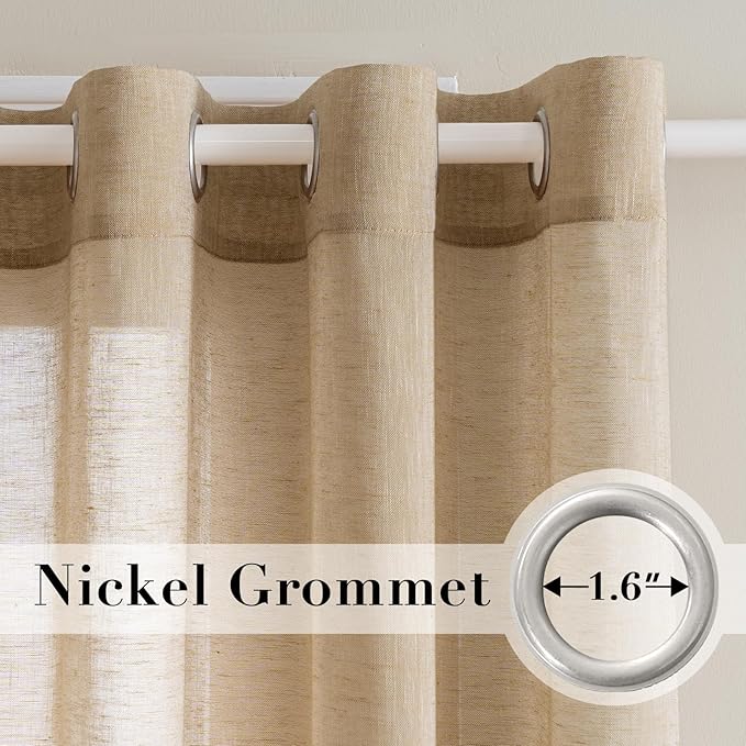 H.VERSAILTEX Linen Curtains Flax Linen Blended Curtain Panels for Living Room/Bedroom Semi Sheer Privacy Curtains 96 inch Length 2 Panels Set Nickel Grommet Window Drapes, Taffy