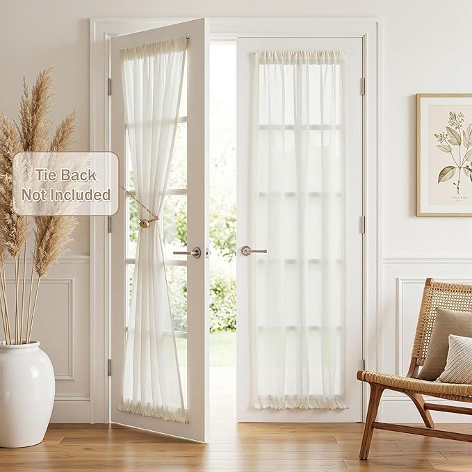 MYSKY HOME Natural French Door Curtains for Door Window 72 Inch Length Semi Sheer Light Filtering Curtain for Bedroom Window Glass Rod Pocket for Kitchen Dining Room, Beige White, 26" Wide,2 Panels
