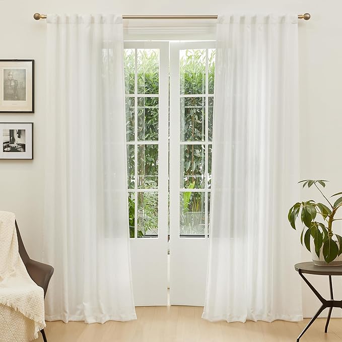 MYSKY HOME 90 Inch Curtains for Sliding Glass Door Windows, Living Room Decoration Natural Drapes Soft Comfortable Touch Farmhouse Country Patio Treatment Set, Beige White, 50" Width, 2 Panels