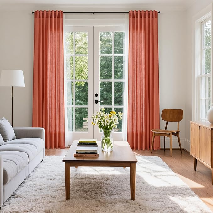 Coral Linen Curtains 84 Inch Length 2 Panels Set Back Tab Rod Pocket Light Filtering Semi Sheer Curtain Textured Neutral Farmhouse Decor Curtains for Bedroom Living Room 52x84